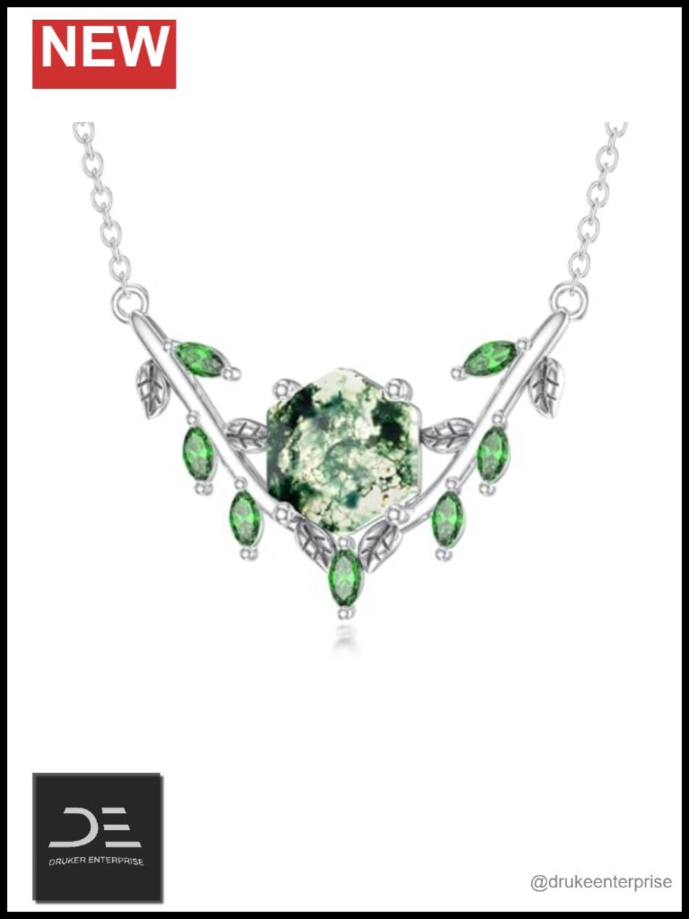 Sterling Silver Natural Moss Agate Leaf Zircon Pendant Necklace, Green Gemstone